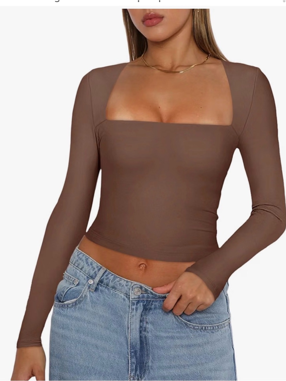 Square Neck Long Sleeve Brown Women's Top